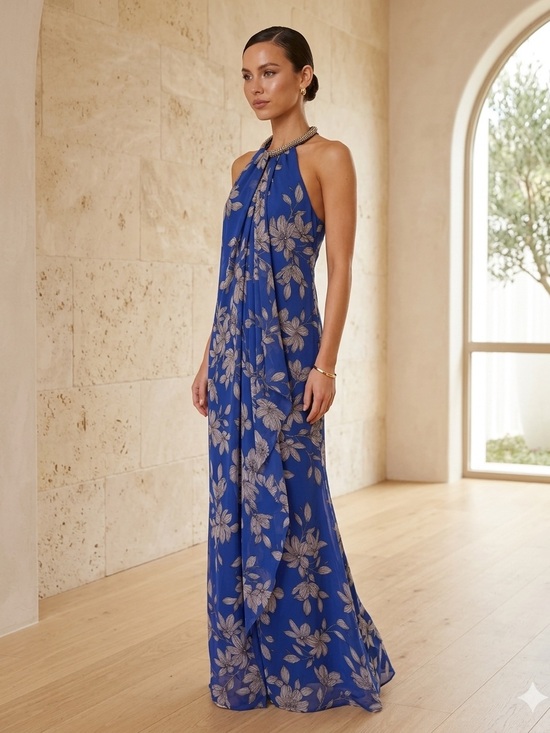 Calvin Klein Dresses & Skirts - Calvin Klein Cobalt Blue Floral Halter Maxi Dress
